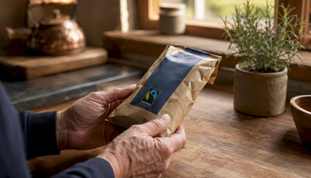 Hands holding Fairtrade certified product packaging