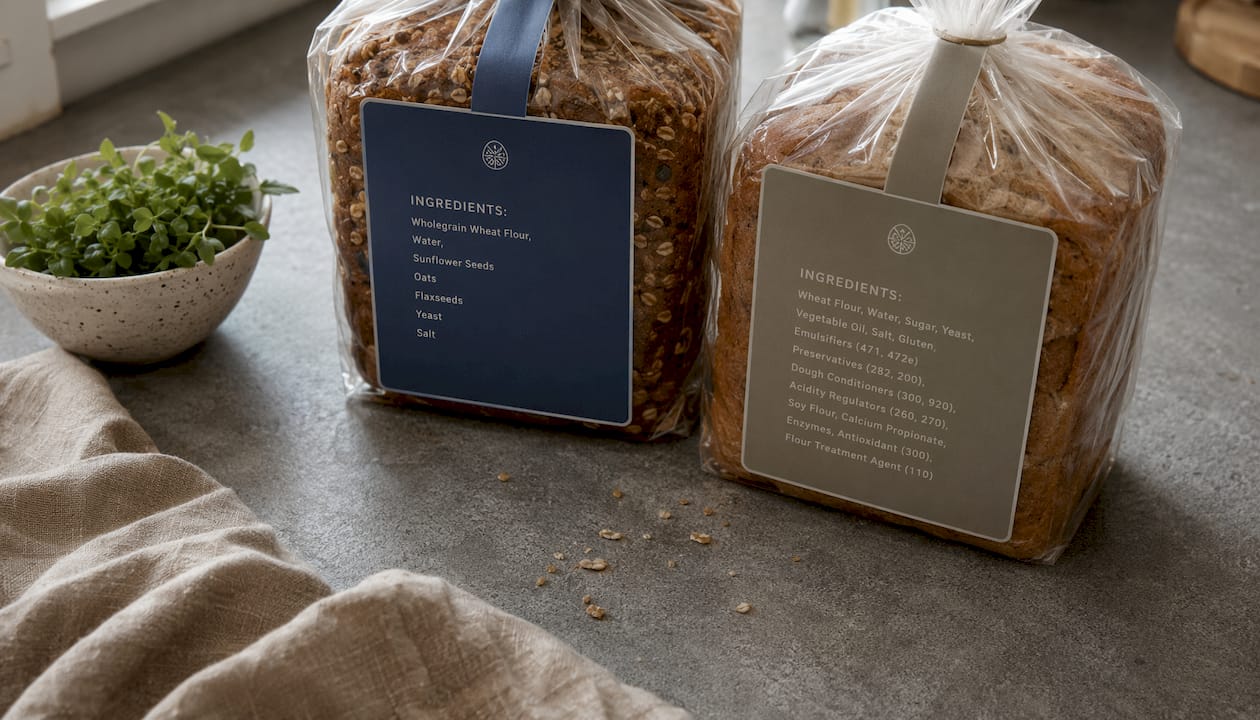 Close-up of two bread labels on wooden counter