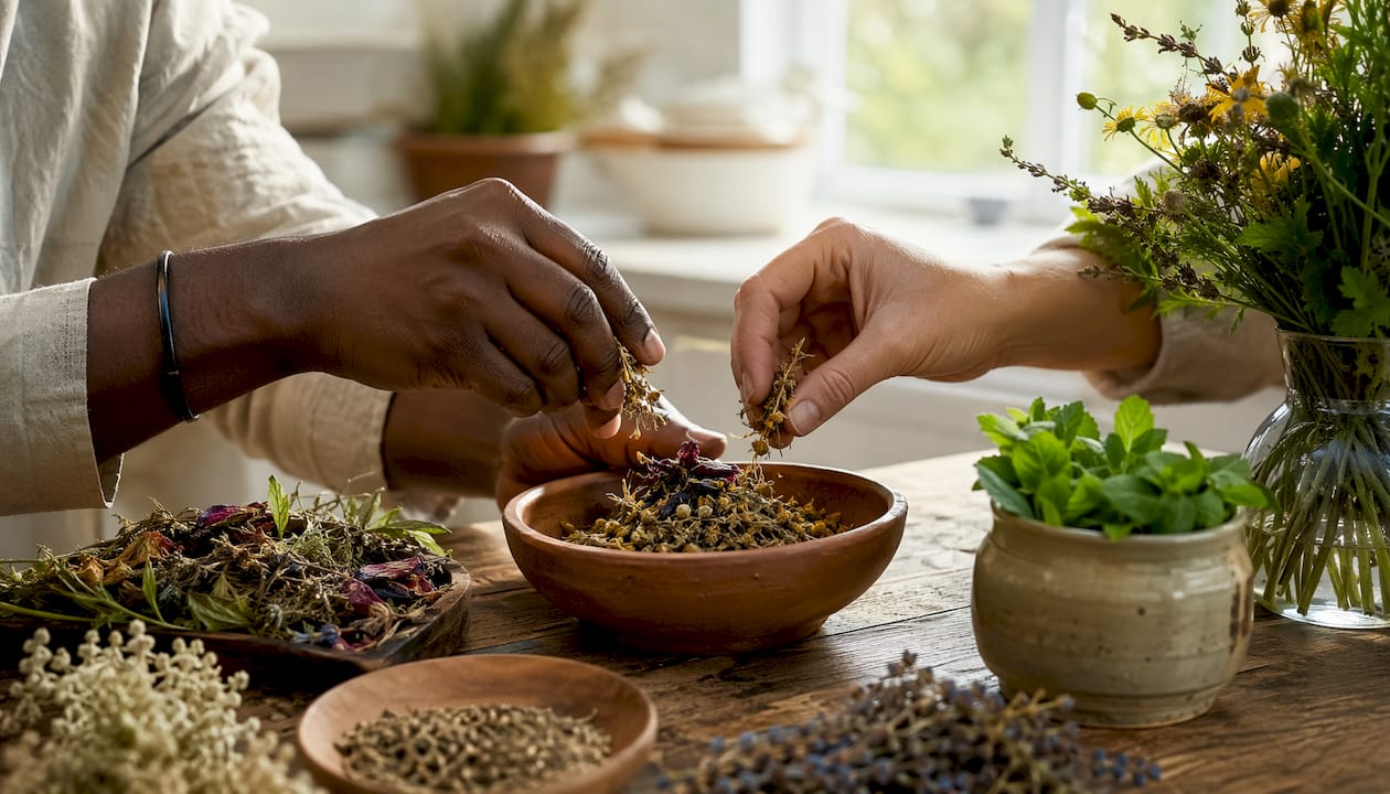 Hands adding botanical herbs to bowl
