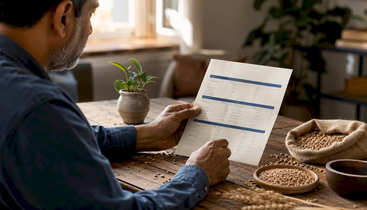 Hands inspecting ingredient certificate in kitchen