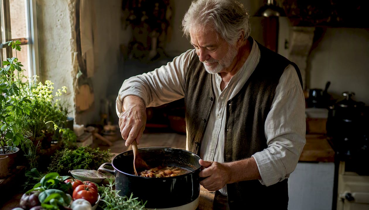 Man ladling slow-cooked stew in British kitchen