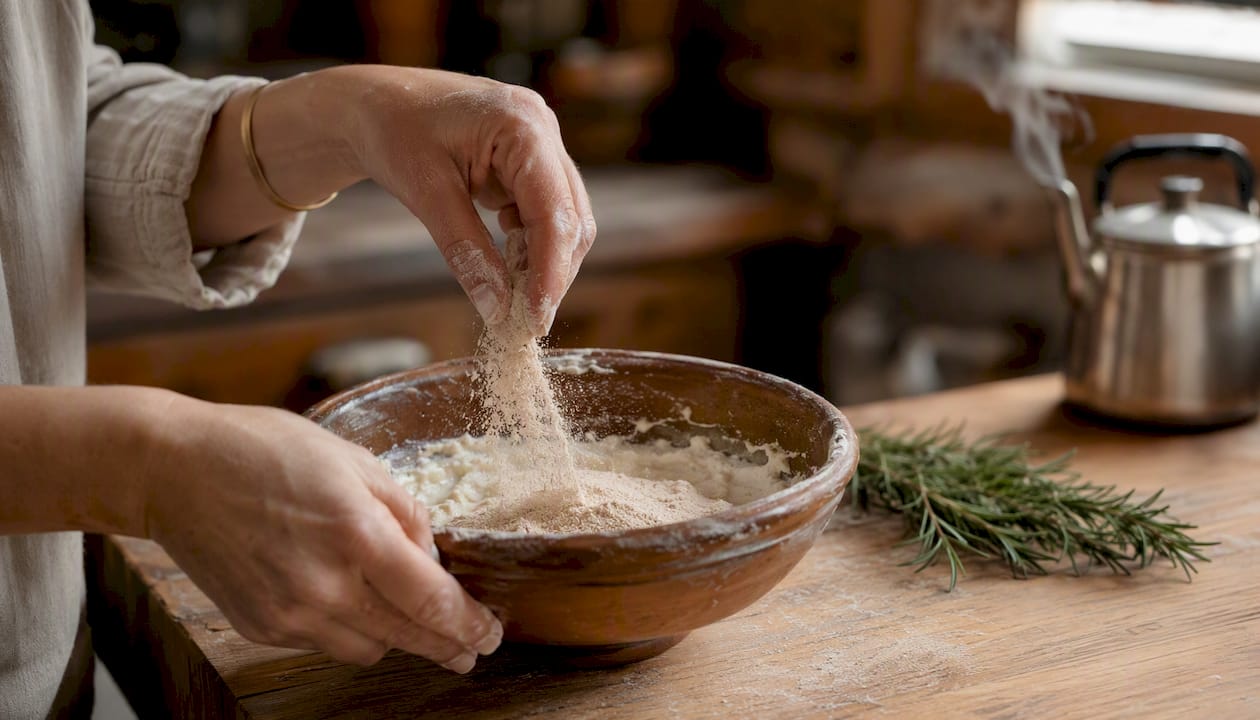 Hands adding psyllium husk to gluten-free batter