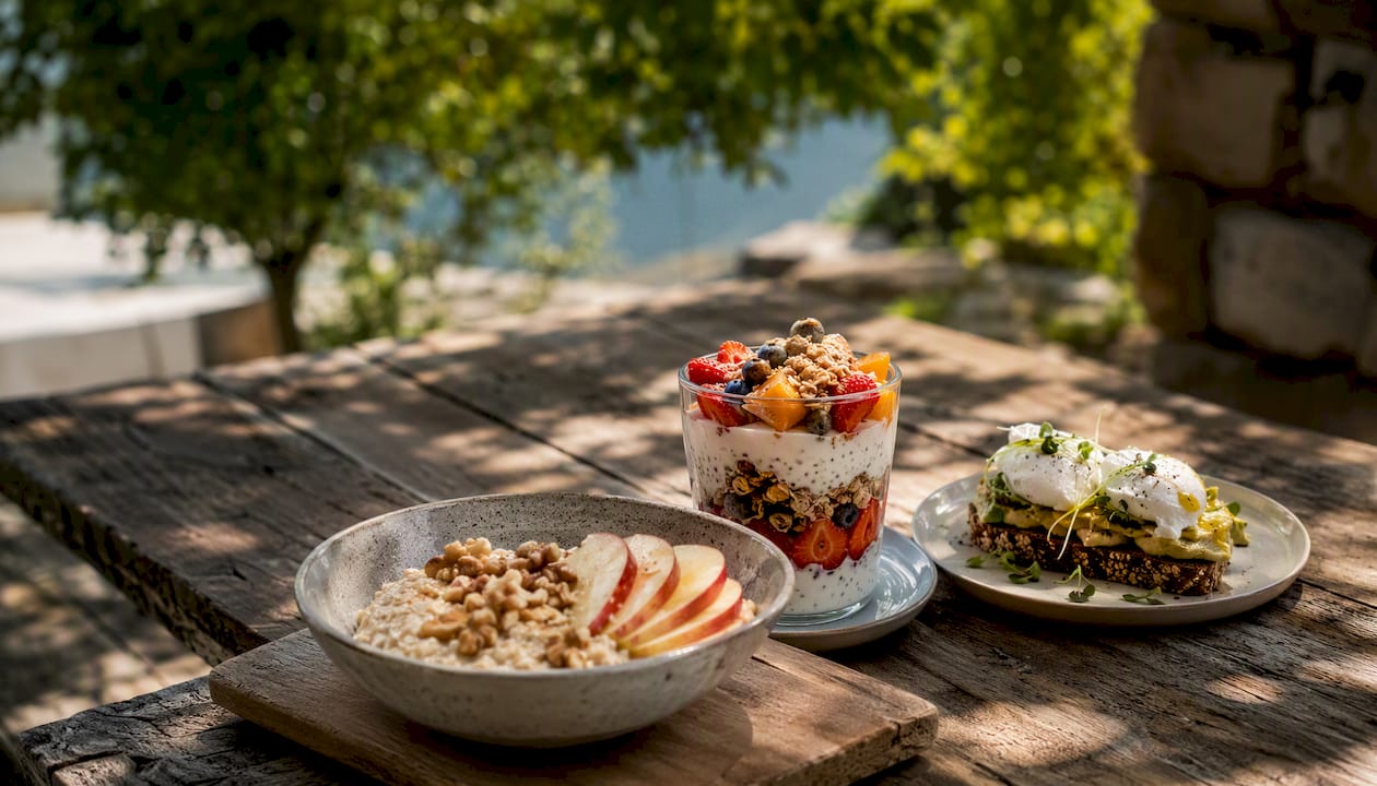 Wholefood breakfast bowls on wooden table