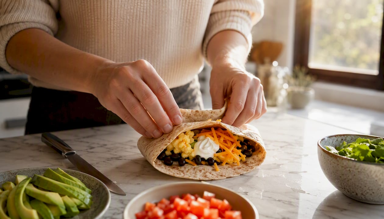 Close-up of breakfast burrito being assembled