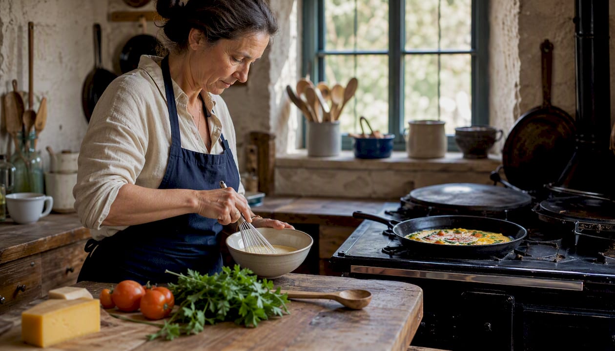 Woman cooking four-egg omelette