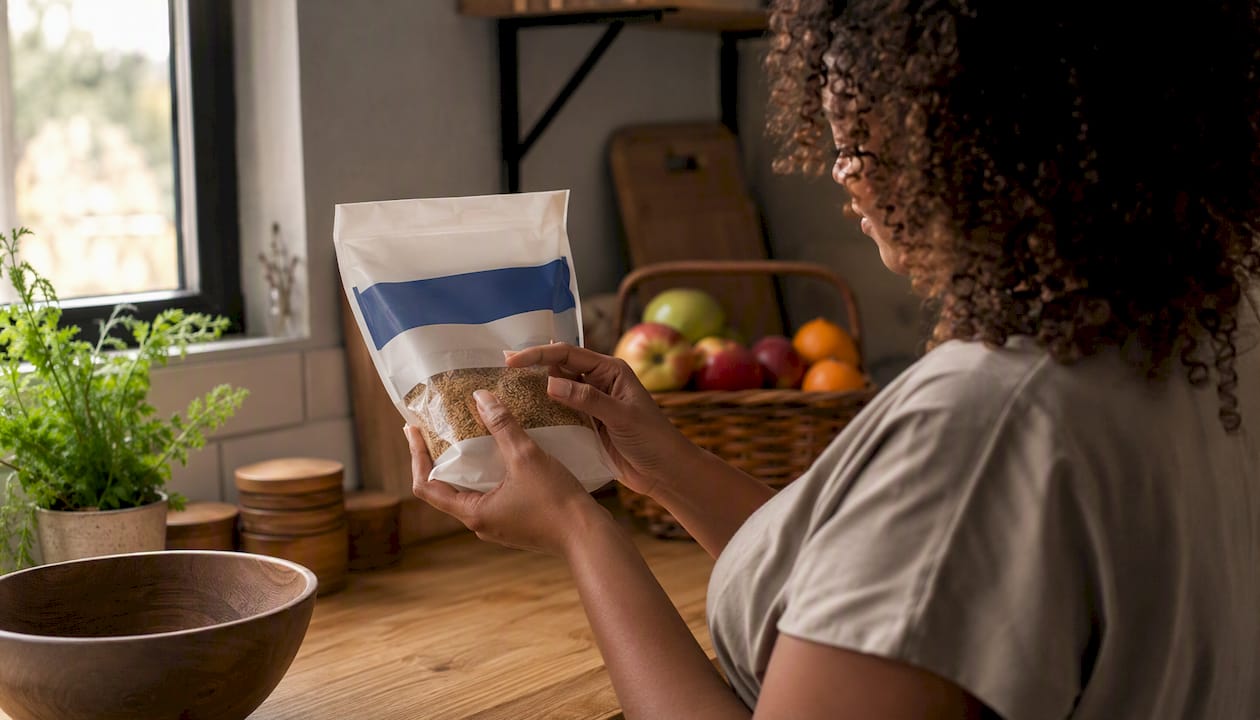Hands holding gluten-free product label