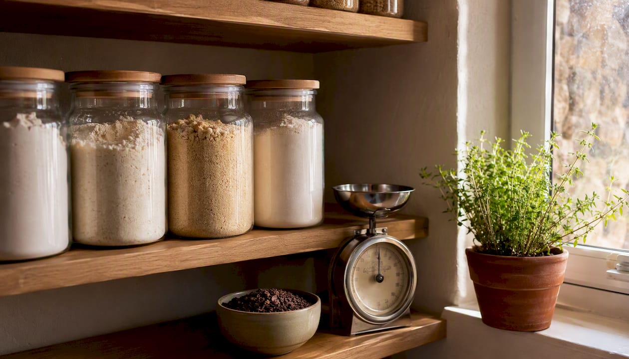 Gluten-free flours stored in UK pantry