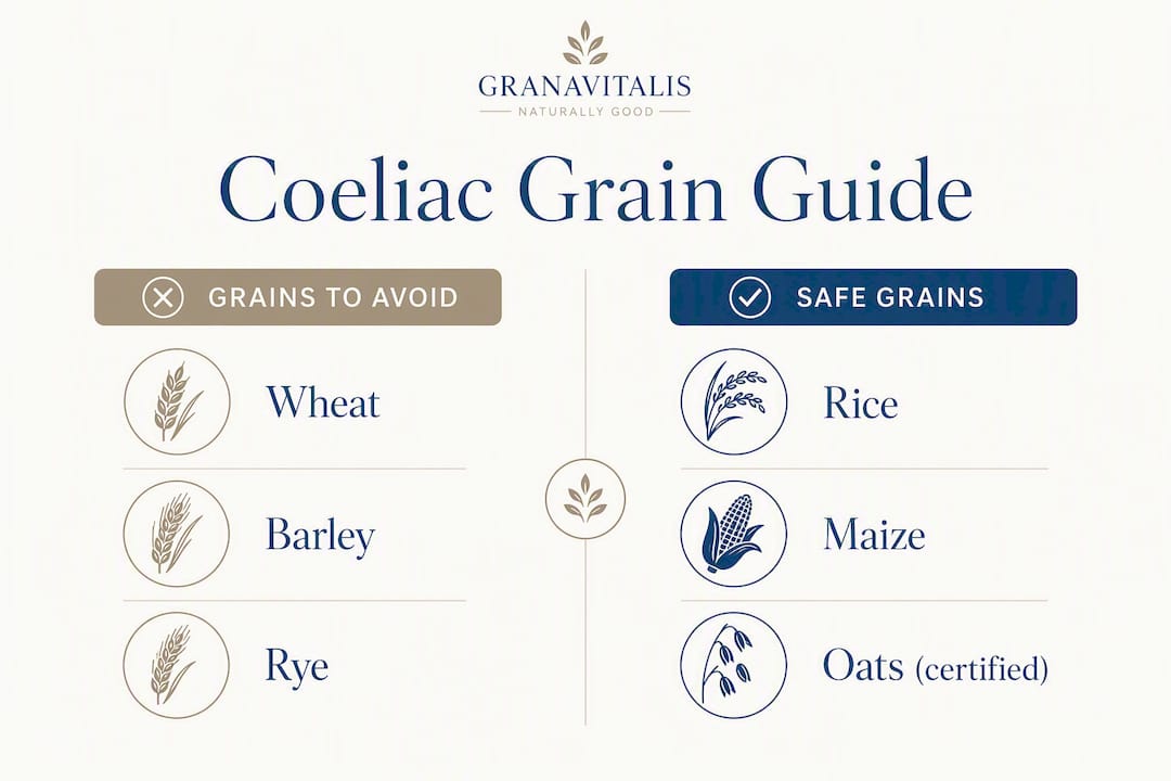 Infographic comparing safe and unsafe grains for coeliacs