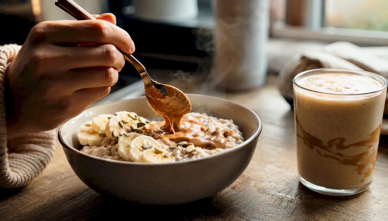 Almond butter in porridge and smoothie