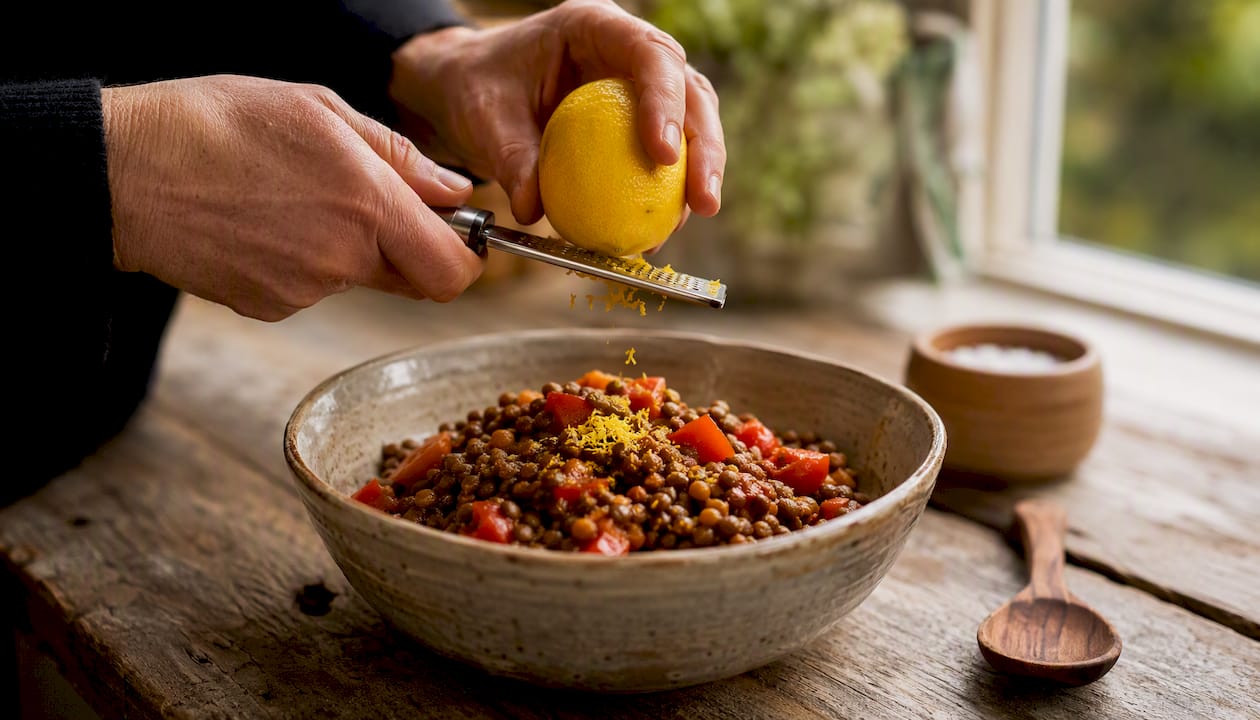 Hands squeezing lemon over lentils with peppers