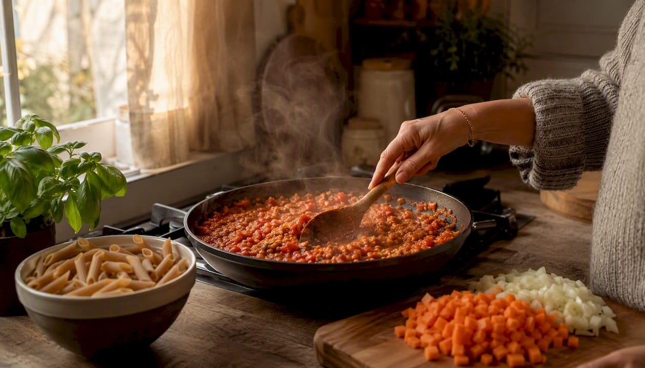 Hand stirring pot of red lentil bolognese