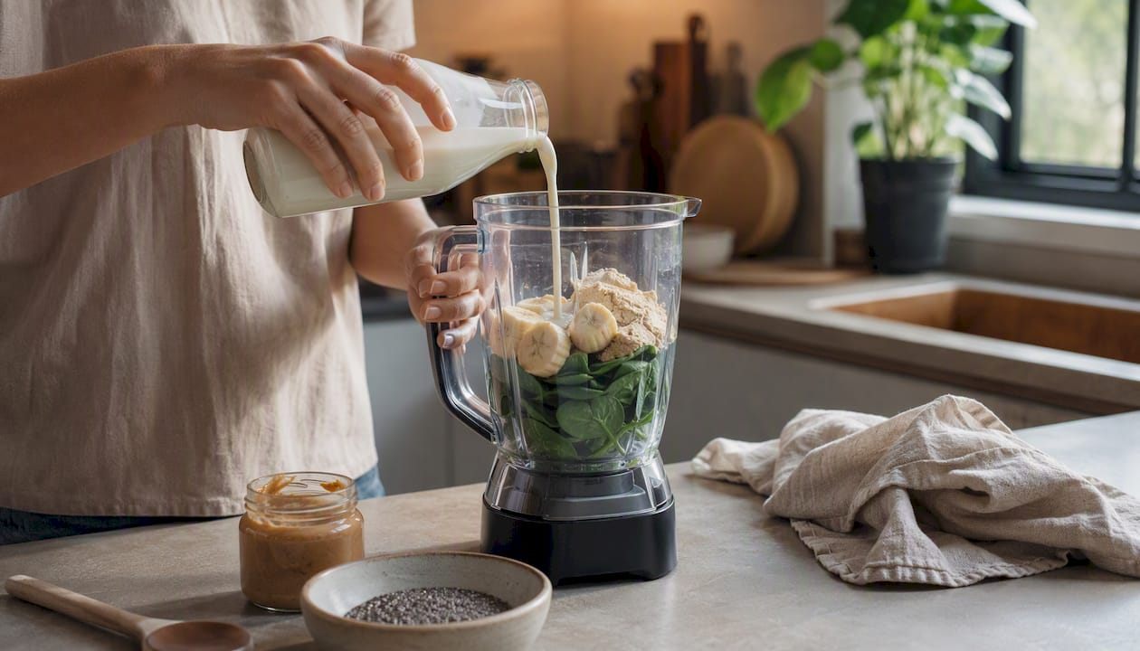 Pouring plant milk into smoothie blender
