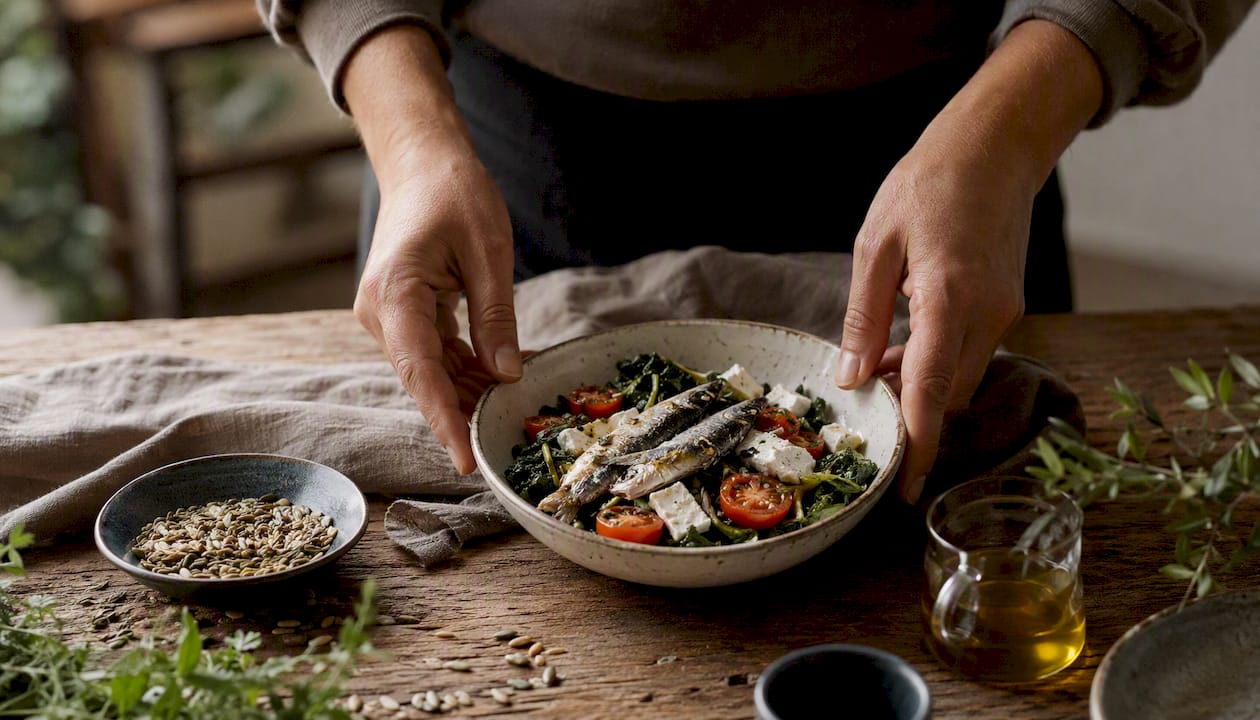 Savory breakfast plate with fish and vegetables