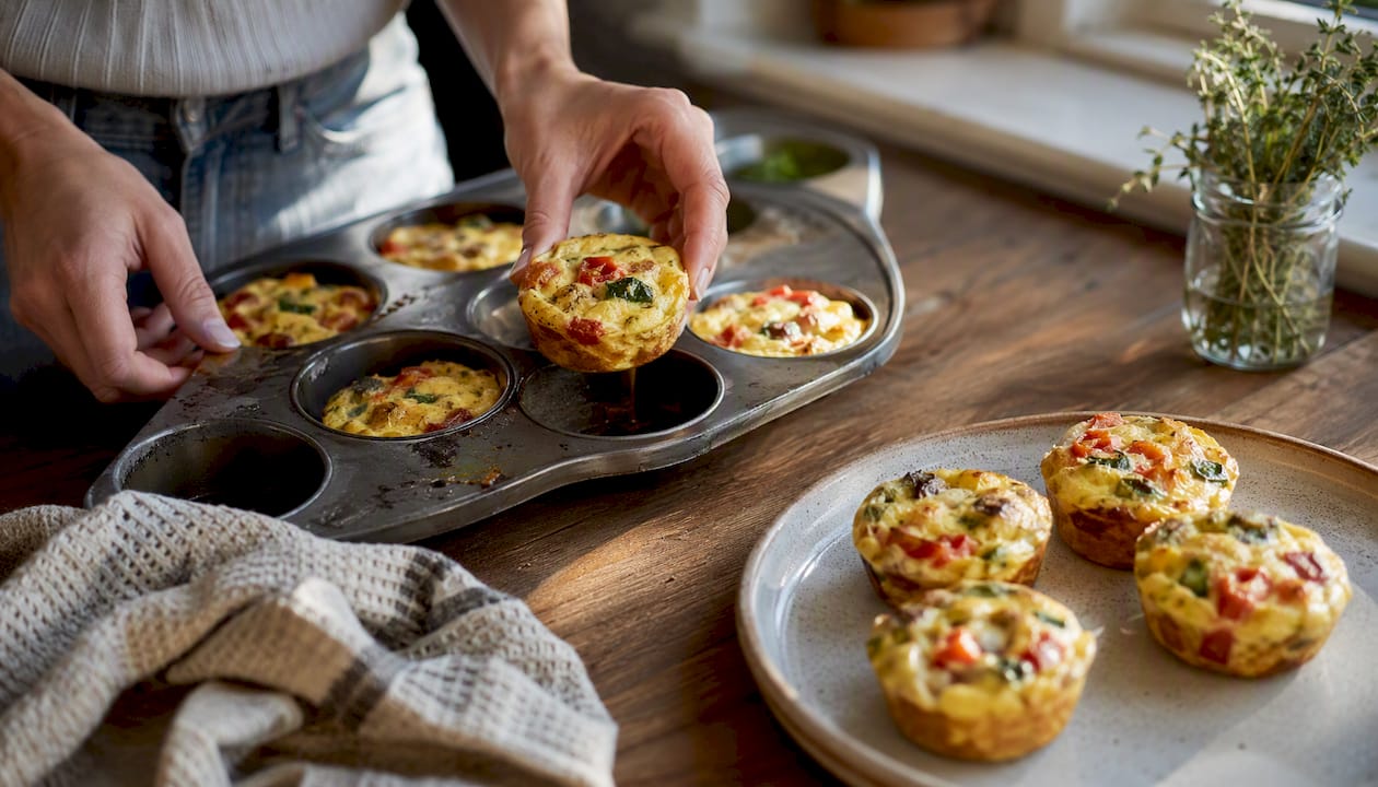 Freshly baked almond flour egg muffin in hand