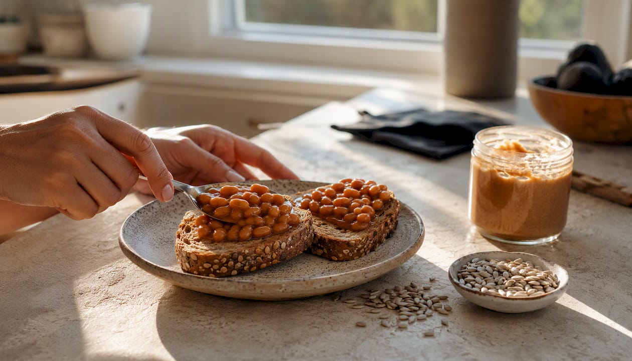 Hands spreading beans on seeded toast