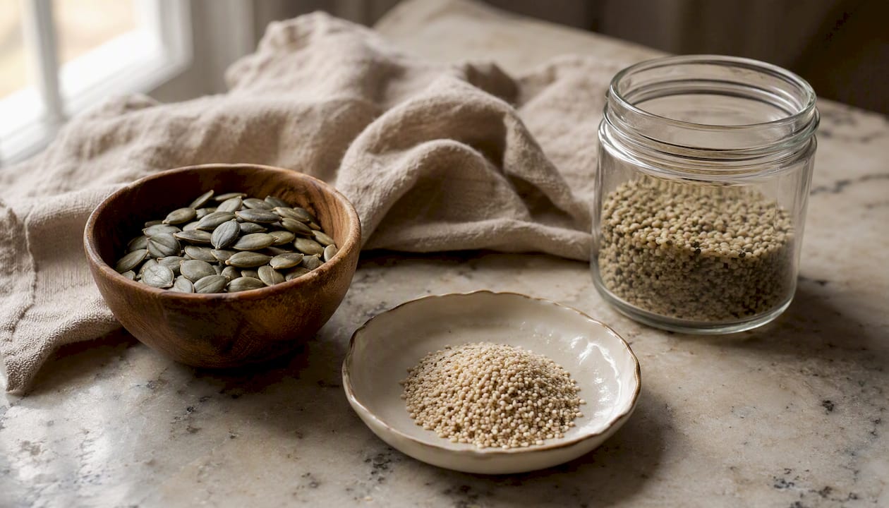 Bowls of pumpkin seeds, sesame, and hemp seeds