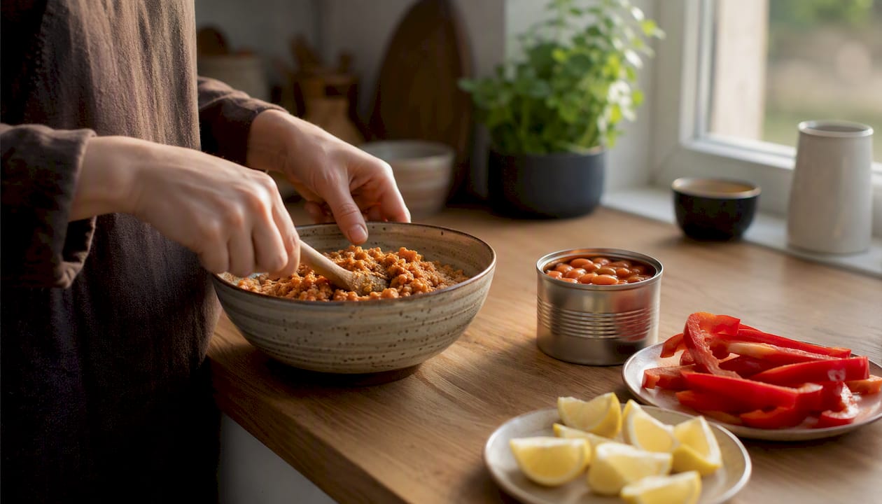 Hands stirring lentils next to canned baked beans