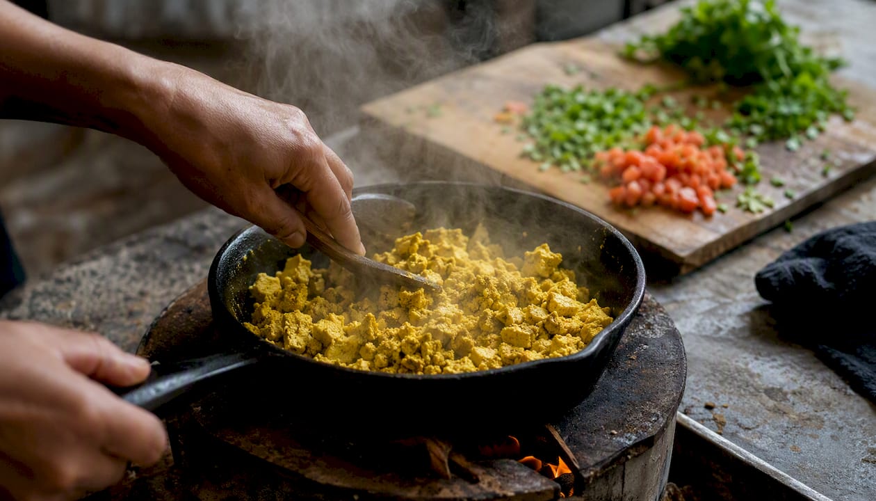 Scrambled tofu cooking in pan