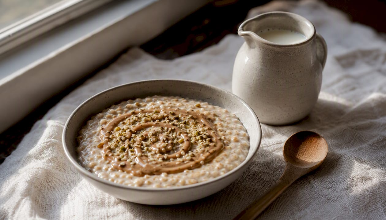 Protein porridge with nut butter and hemp seeds