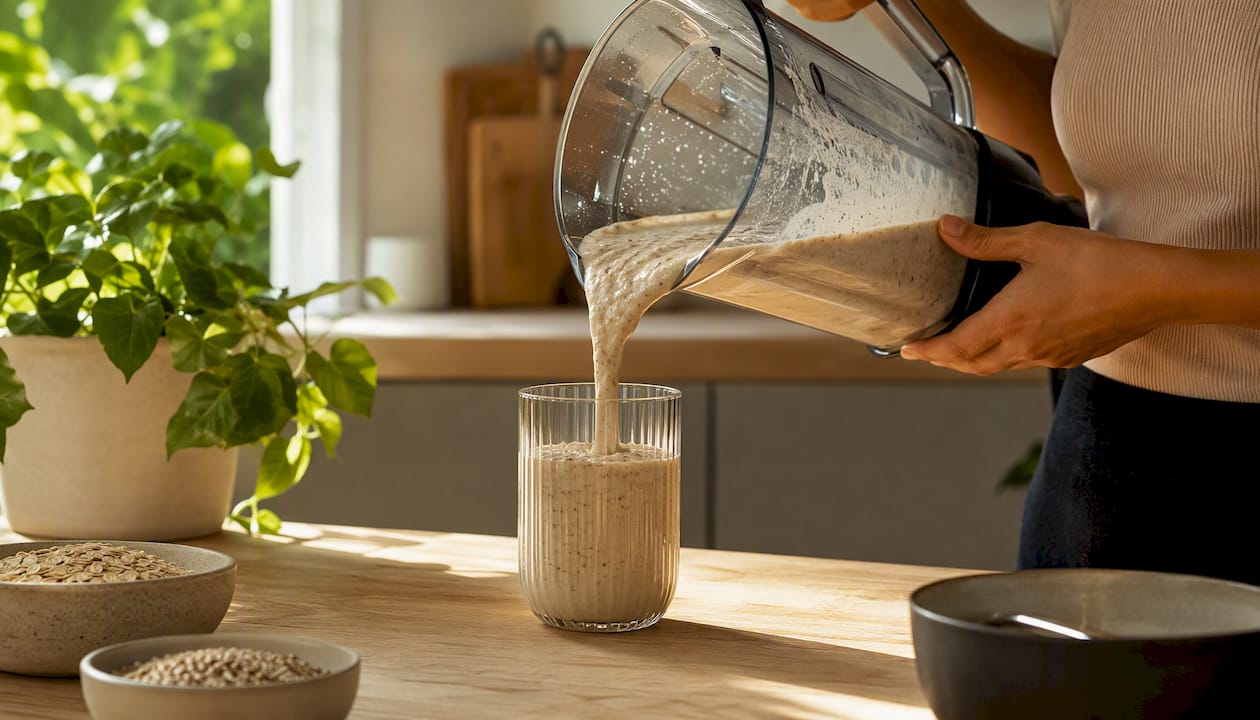 Blending high-protein vegan smoothie