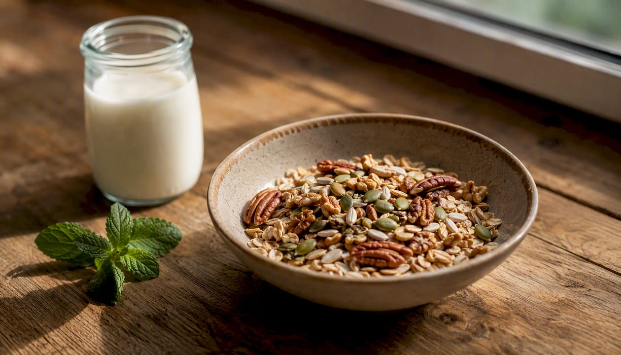 Bowl of wholegrain oats with mixed nuts and seeds