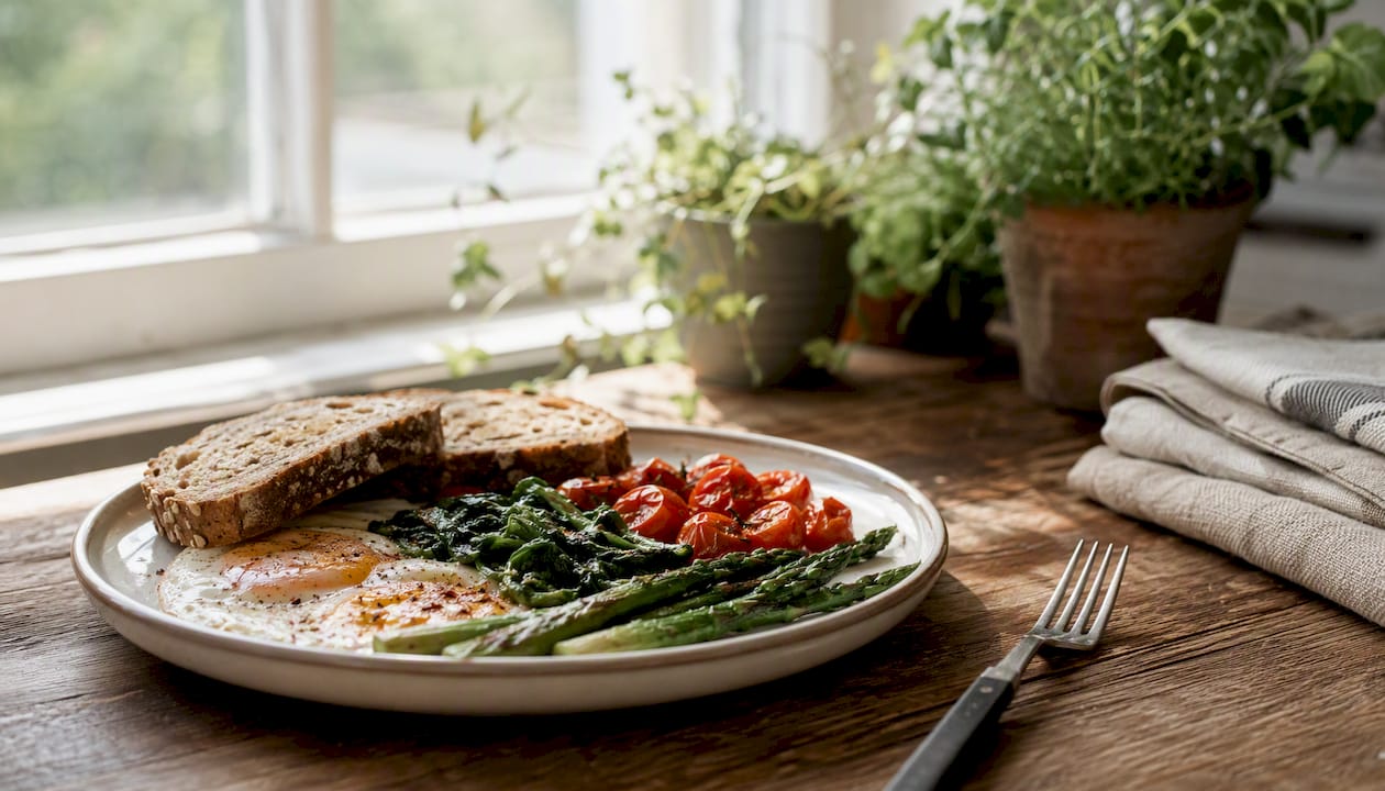 Poached eggs and grilled vegetables breakfast plate