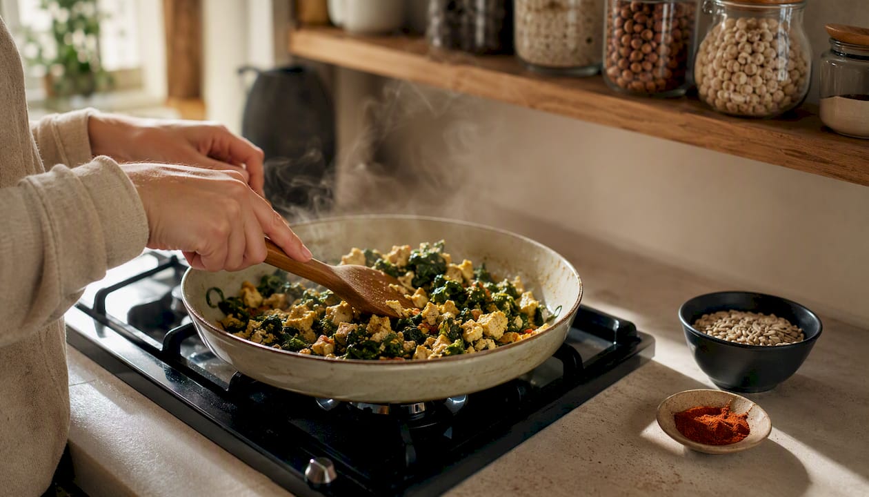 Hands cooking tofu spinach scramble in skillet