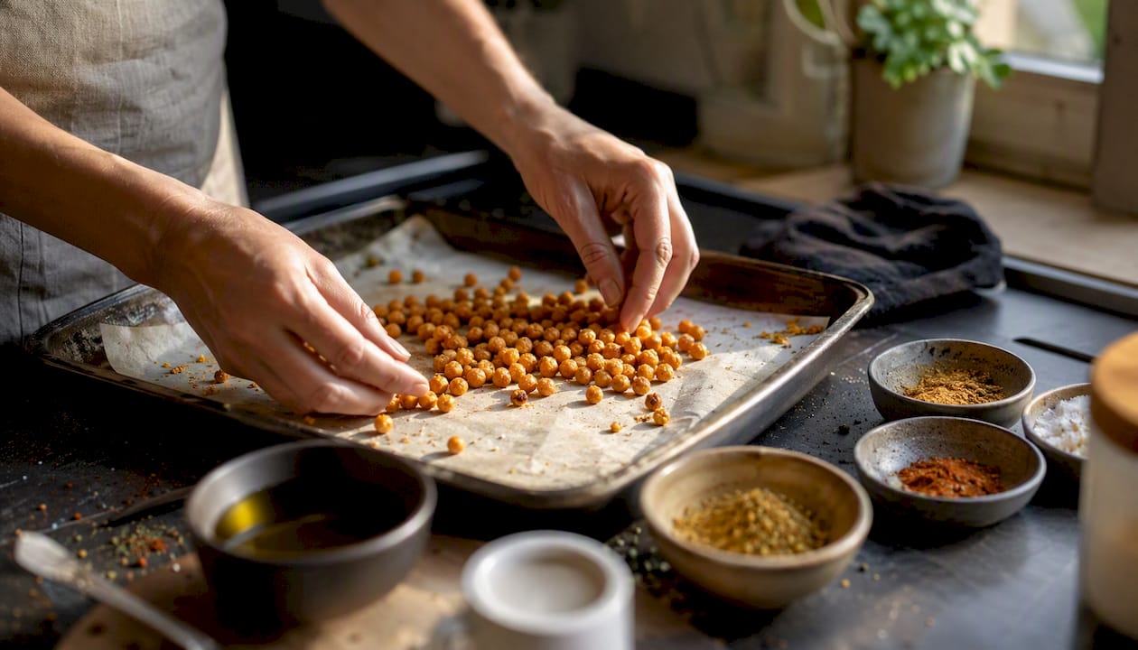 Hands preparing roasted chickpeas on tray