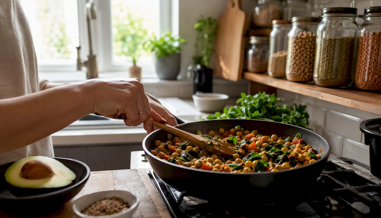 Hands stirring chickpea and vegetable scramble in skillet