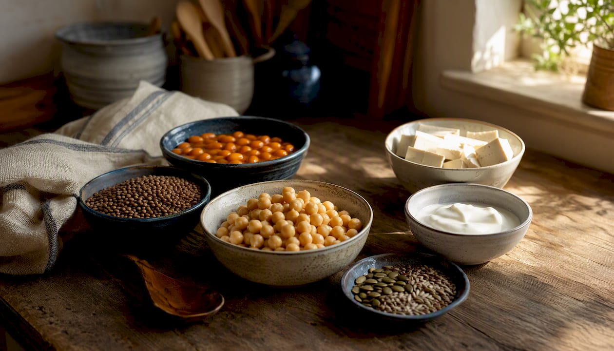 Assorted high-protein vegetarian ingredients in bowls on counter