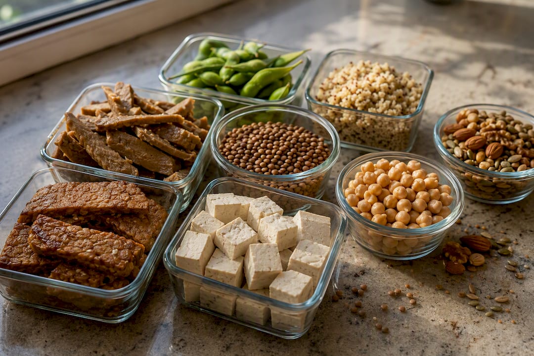 Top view of high-protein plant foods in portion sizes