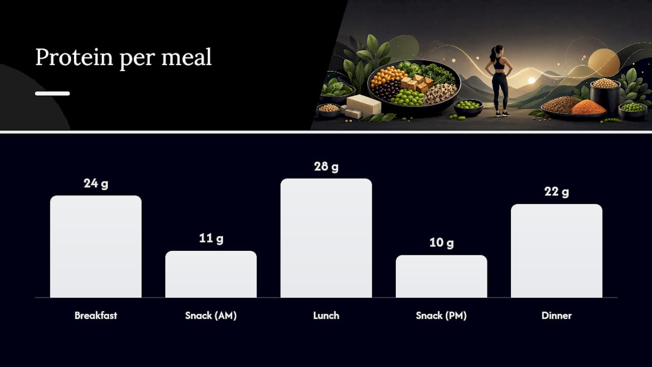Diagram showing protein and calorie content per meal in sample daily plan