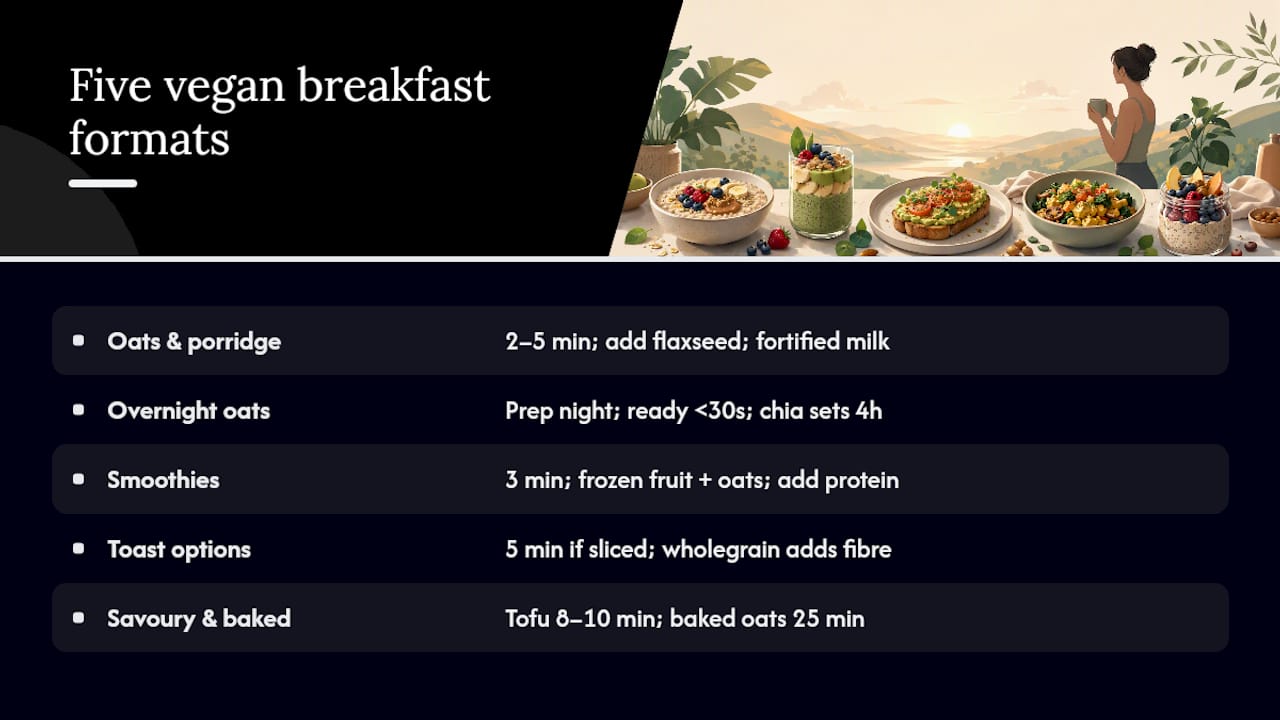 Comparison diagram of five vegan breakfast formats