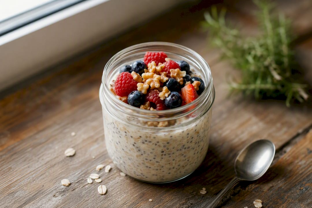 Jar of overnight oats with chia seeds and berries
