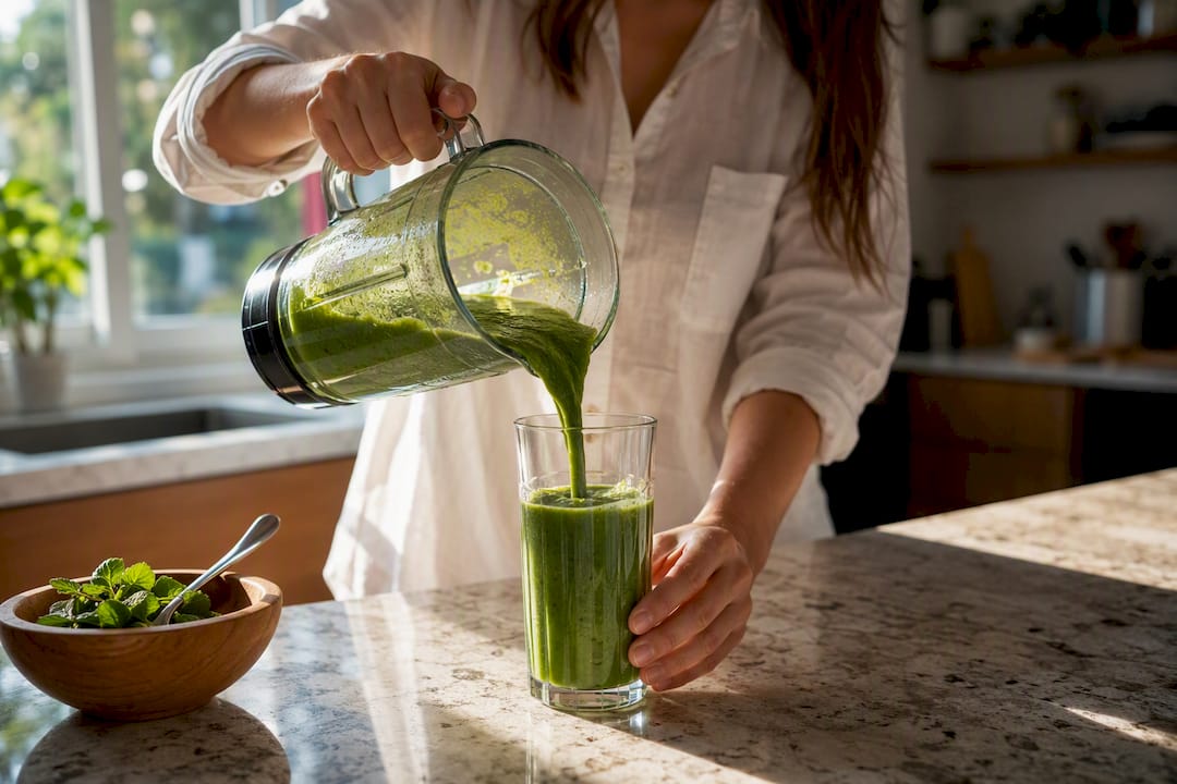 Pouring green protein smoothie with spinach and avocado