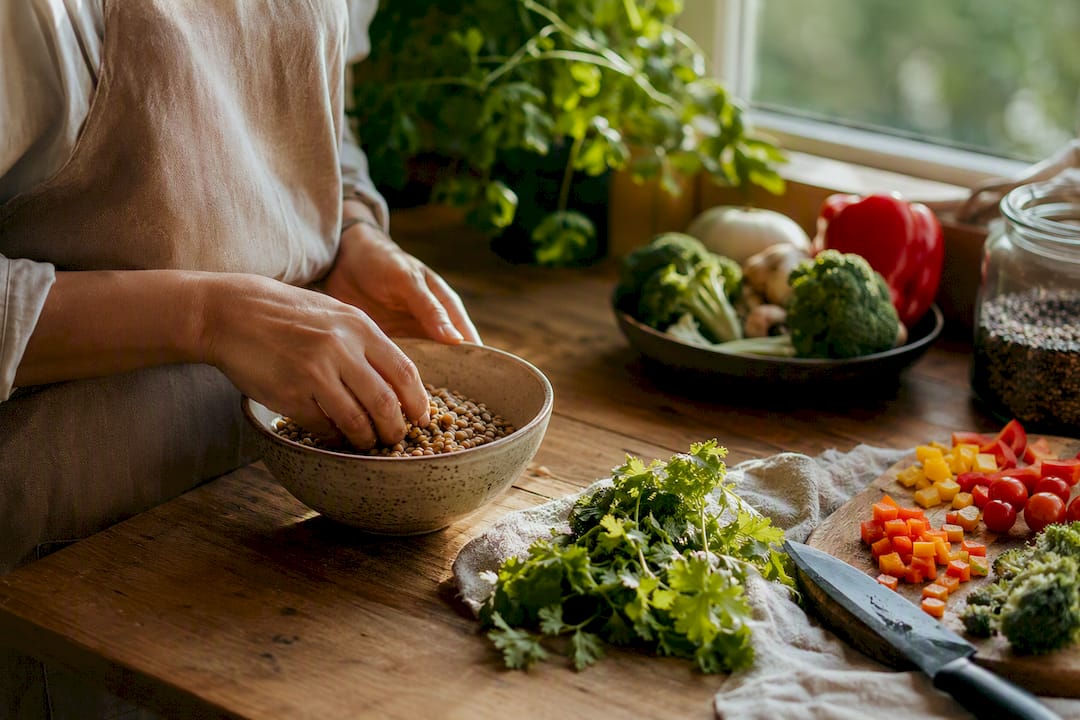 Hands draining soaked lentils in kitchen