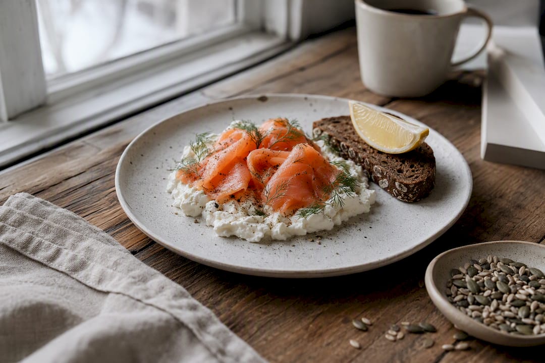 Cottage cheese and smoked salmon on rye toast