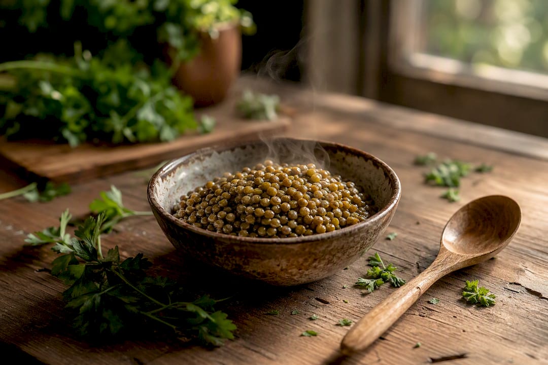 Bowl of cooked lentils with spoon