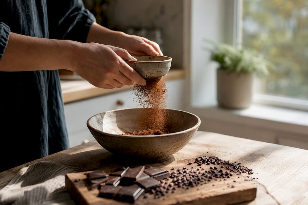 Hands sprinkling cocoa powder with dark chocolate