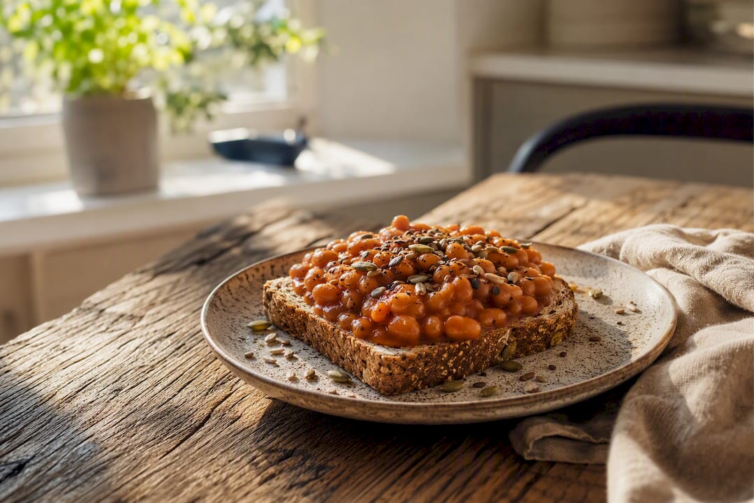 Baked beans on wholemeal toast on plate