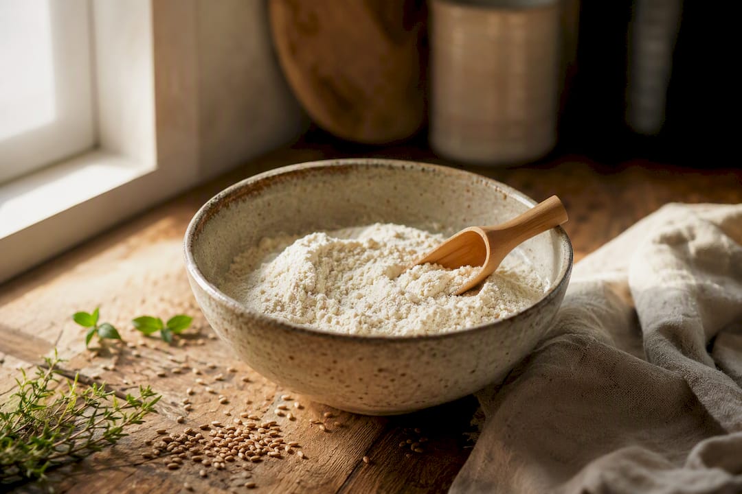 Bowl with vital wheat gluten powder and wooden scoop
