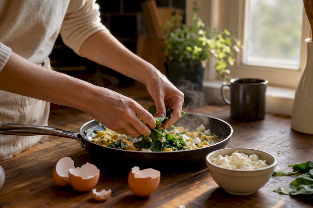 Hands cooking scrambled eggs with spinach and feta