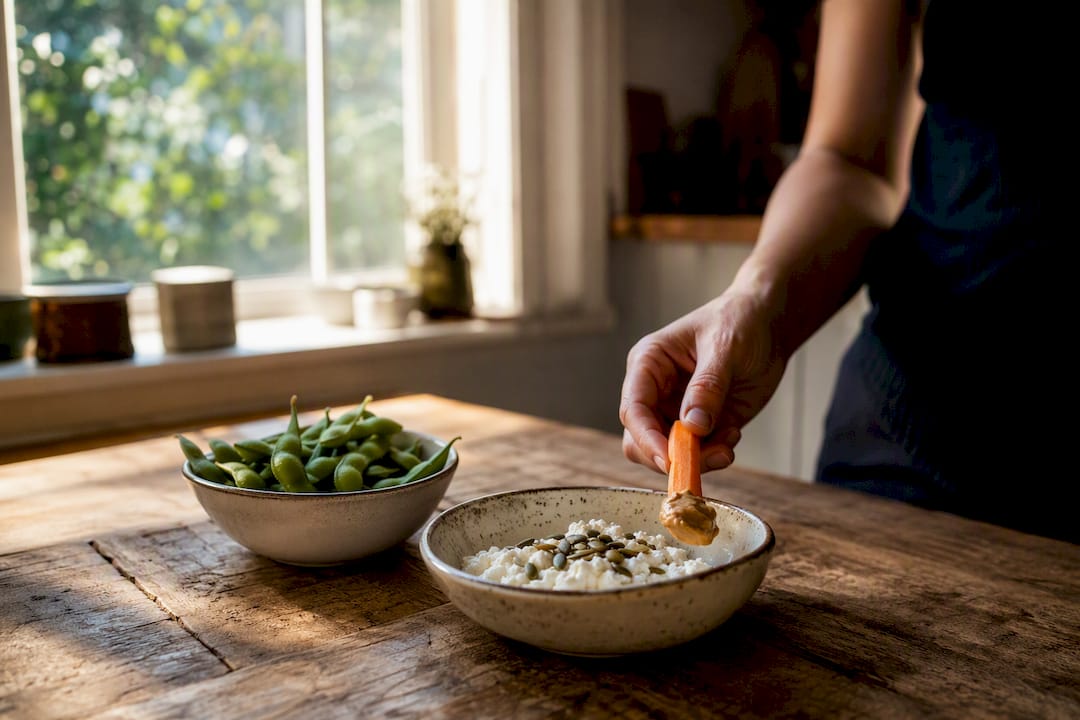 Low-carb vegetarian snacks with edamame and cottage cheese
