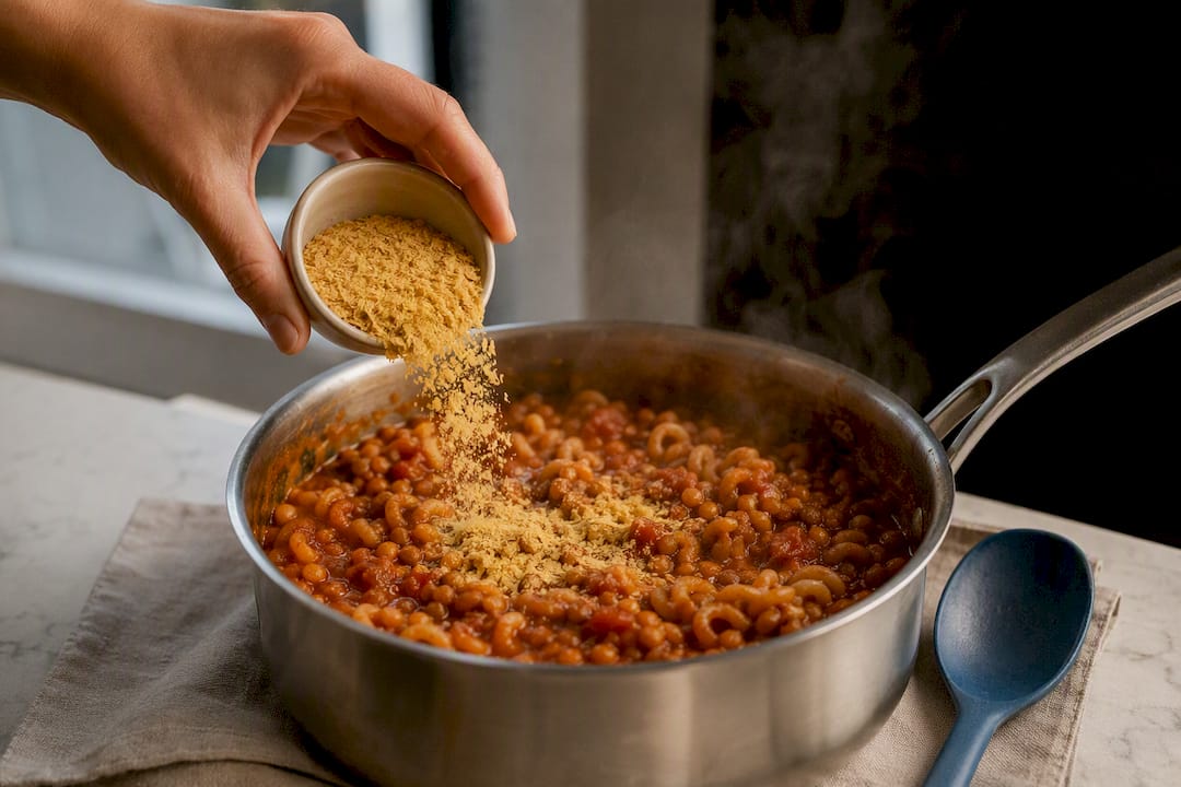 Nutritional yeast added to lentil pasta sauce