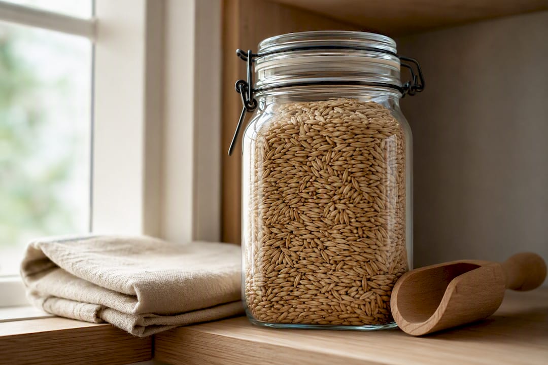 Oat groats stored in airtight jar