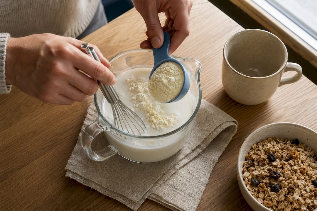 Whisking milk powder into whole milk