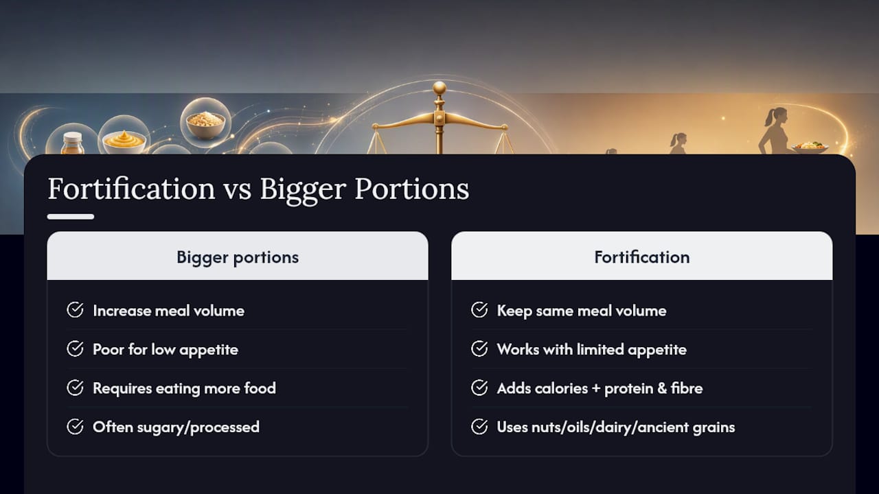 Why food fortification beats "just eat more" — overview diagram
