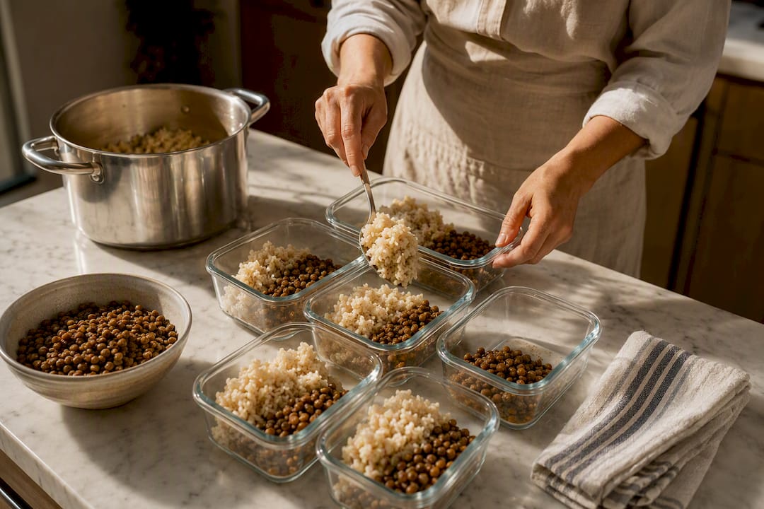 Hands portioning batch-cooked grains and lentils