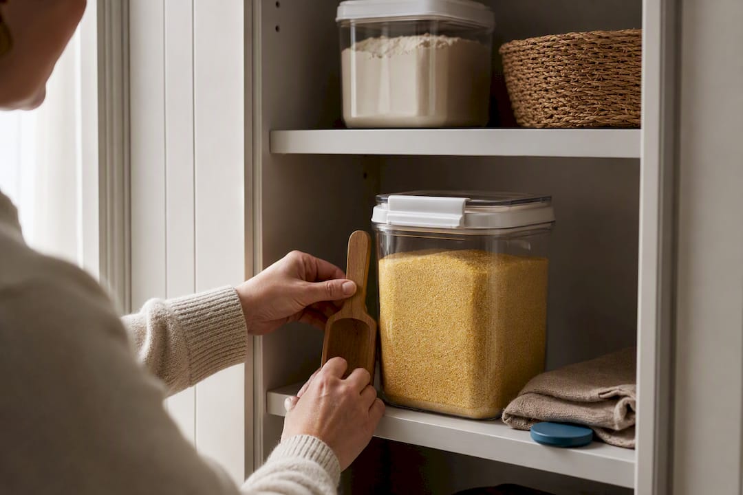 Cornmeal stored separately with a dedicated scoop