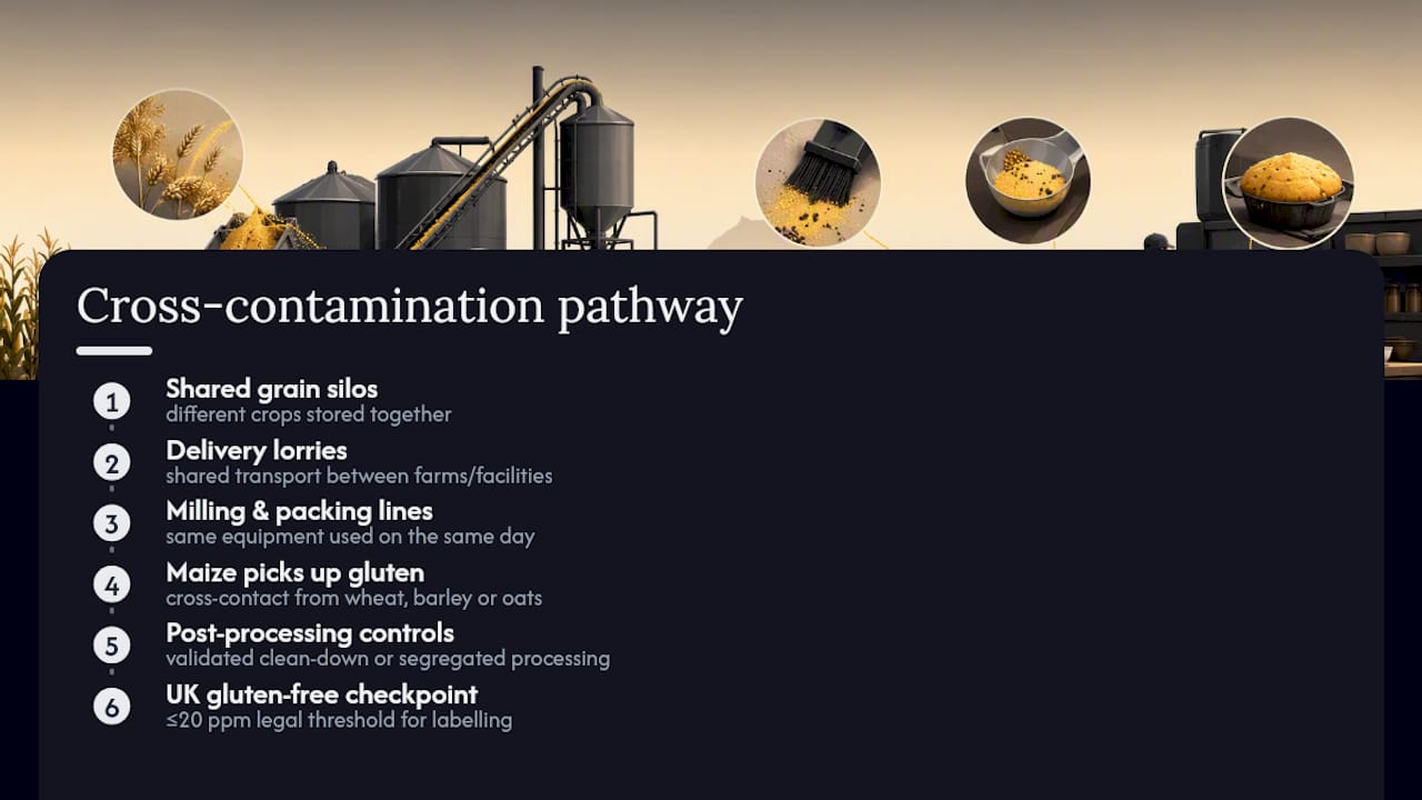 Cornmeal contamination pathway and 20 ppm threshold